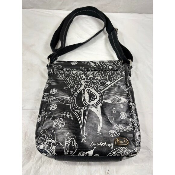SAKROOTS Artist Circle Small Messenger crossbody Bag- PEACE- Black/white - Picture 8 of 12